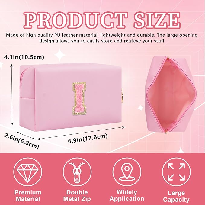 Personalized Initial Letter Patch Makeup Bag, Preppy Small Chenille Cosmetic Bag with Zipper, PU Leather Waterproof Travel Toiletry Bag Monogram Make Up Pouch for Women Girls