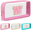 Personalized Initial Letter Clear Makeup Bag,Preppy Small Nylon&PVC Cosmetic Zipper Bag with Chenille Letter,Portable Beach Travel Skincare Toiletry Bag,Trendy Monogram Gift for Teen Girls Women,W