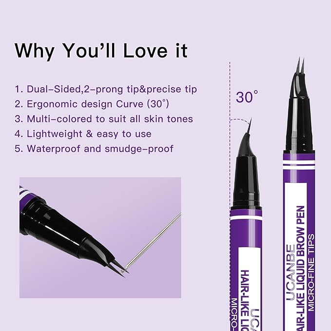 UCANBE Curved Eyebrow Pencils for Women with Spoolie Brush,Dual-Ended Eyebrow Pen with 2-Fork-Tip&Precise Brush-Tip,Microblading Brow Pen for Hair-Like Brows,Waterfool, Long Lasting,Dark Brown