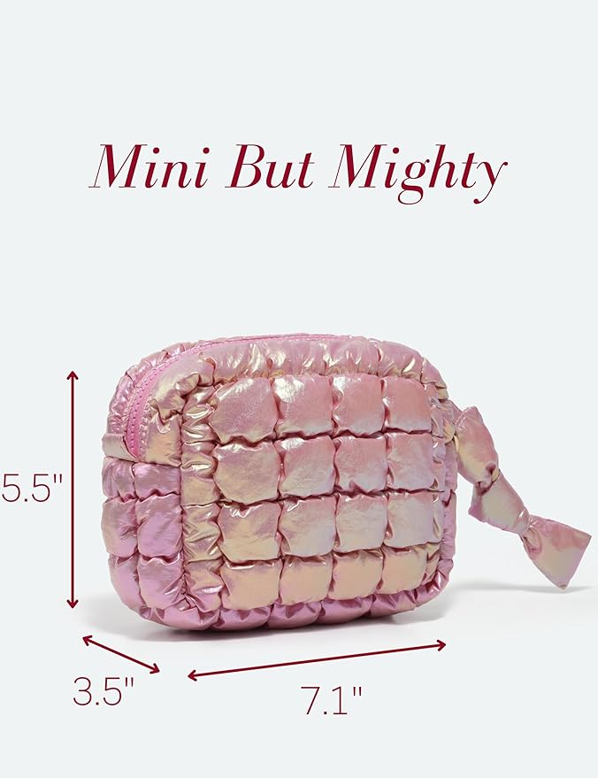 Yarnic Quilted Makeup Bag Cosmetic Bag, Travel Toiletry Bag for Women, Cute Makeup Bag Organizer Puffer Makeup Pouch (Iridescent Pink, S)