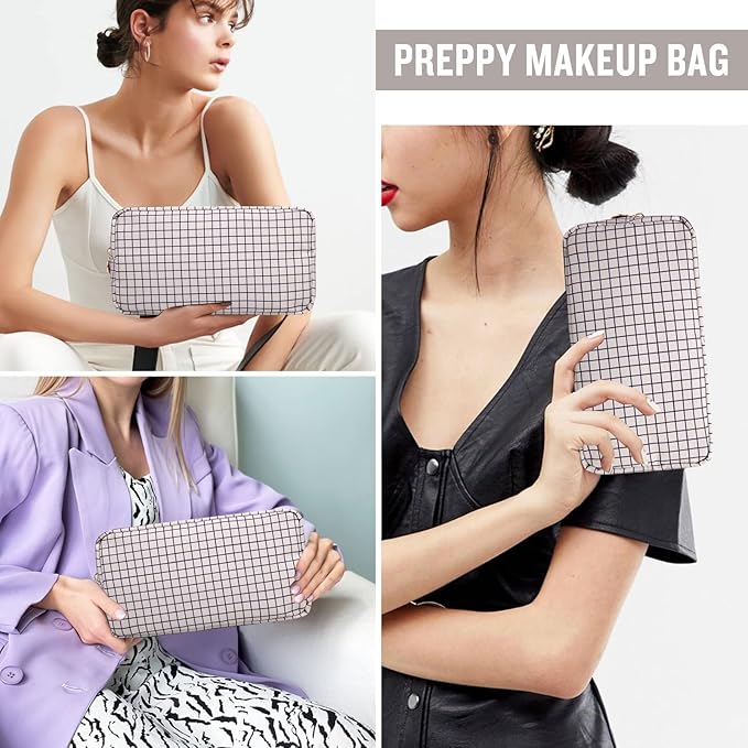 Nylon Small Makeup Bag for Purse, Cute Checkered Makeup Bag Preppy Cosmetic Zipper Pouch Purse, Waterproof Portable Travel Toiletry Bag Clutch Make Up Brush Bag Organizer for Women Girls(Checkered)