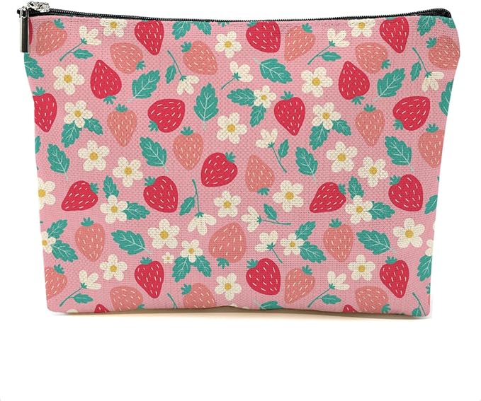 Cute Flowers Strawberry Makeup Bag Floral Cosmetic Bag Friend Friendship Gifts for Women Girls Sister Bestie Coworker Botanical Travel Organizer Zipper Pouch Christmas Thanksgiving Birthday Gifts