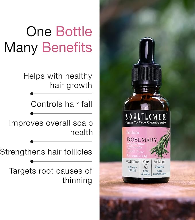 Soulflower 100% Pure Rosemary Oil for Hair Growth, Hair Fall Control, Strengthening, Volumising Hair Oil for All Types | Organic Certified (1 fl oz)