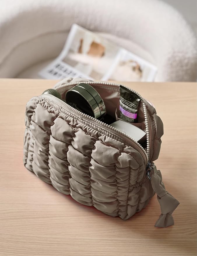 Yarnic Quilted Makeup Bag Puffy Cosmetic Bag, Travel Toiletry Bag for Women, Cute Makeup Bag Organizer Puffer Makeup Pouch (M, Taupe)