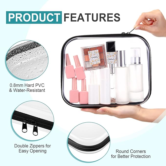 Sanwuta 6 Pcs Clear Hard Zipper Case Hard Plastic Zipper Pouches Makeup Bag Pencil Pouches Transparent Cases for Snacks Plastic Storage Organizer Box for Travel(Black,9.84 x 7.87 x 2 Inch)