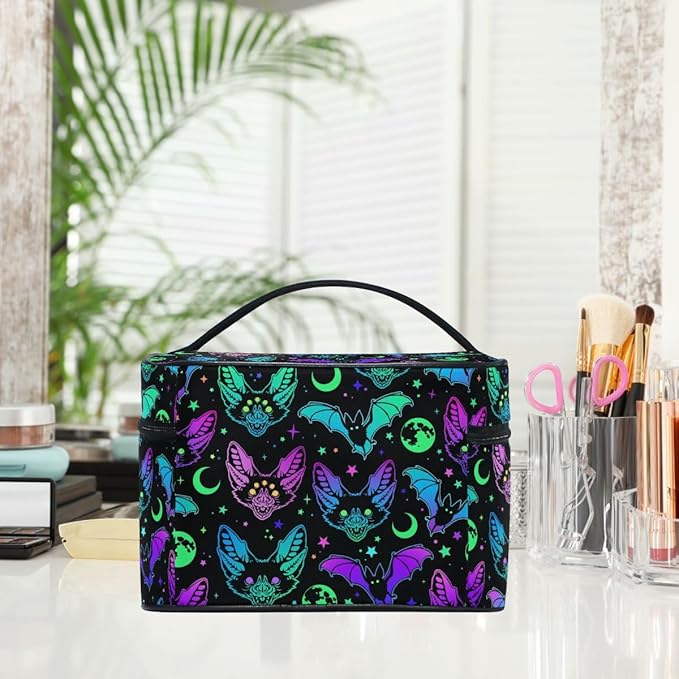 Makeup Bags, Gothic Bats Moons and Stars Makeup Organizer Bags Toiletry Bag Box Travel Cosmetic Bag Make Up Train Case for Women Teen Girl Ladies