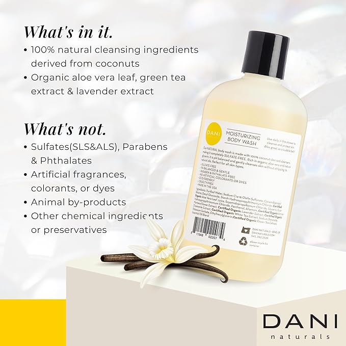 DANI Naturals Body Wash - Warm Sandalwood Vanilla Scent with Organic Aloe Vera & Natural Glycerin - Sulfate & Paraben-Free Shower Gel - For Men & Women - 12 oz - Vegan & Cruelty-Free