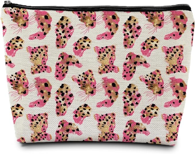 Pink and Gold Cheetah Makeup Bag, Preppy Girly Leopard Print Cosmetic Bags Gifts for Women, Funky Y2k Cheetah Portable Travel Toiletry Bag Zipper Makeup Pouch