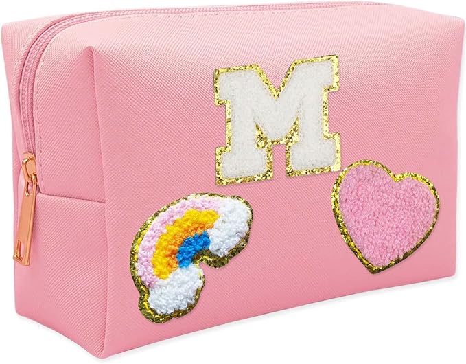 Personalized Inital Preppy Makeup Bag Set with Zipper, Monogram Waterproof Travel Cosmetic Bag for Women, Cute Preppy Patch Toiletry Bag for Traveling Outdoors, Gift Ideal for Christmas Thanksgiving
