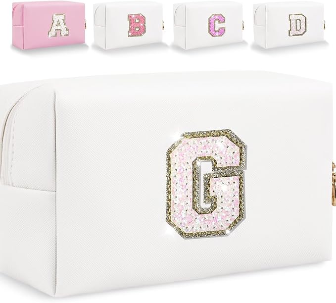 Small Personalized Glitter Initial Letter Makeup Bag, Cute PU Leather Chenille Letters Cosmetic Bag Travel Makeup Pouch, Preppy Travel Organizer Zipper Pouch for Women&Girls（White-G）