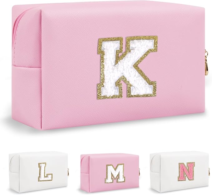 Personalized Small Preppy Makeup Bag, Chenille Letter Pink Initial Cosmetic Pouch Travel Toiletry Organizer, Waterproof PU Leather Make Up Storage Travel Essentials for Women Friendship(Letter K)