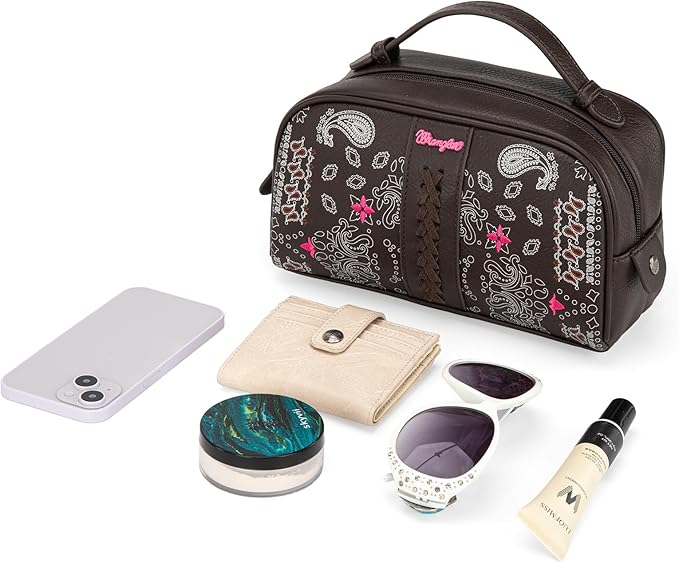 Montana West Wrangler Makeup Bag for Women Small Cosmetic Toiletry Bags Western Paisley Make Up Pouch Durable Cute Travel Purse, Coffee