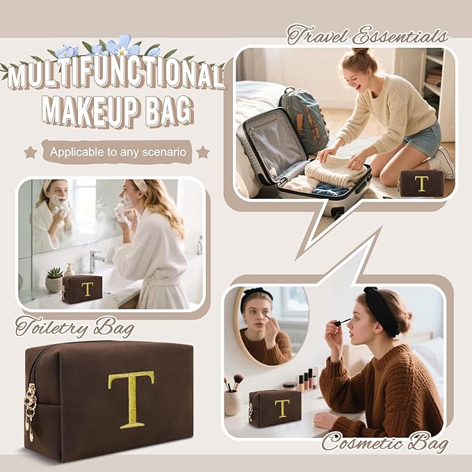 Personalized Initial Makeup Bag,Preppy Suede Cosmetic Bag for Teen Girls,Small Monogram Travel Toiletry Bag With Gold Embroidered Letter,Trendy Stuff Custom Christmas Gift for Women(Coffee-T)