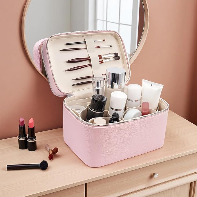 Makeup Case, Large Capacity Waterproof Double Layer Cosmetic Bag with Removable Divider, Double Compartment Brush Organizer, Multi-functional Travel Organizer