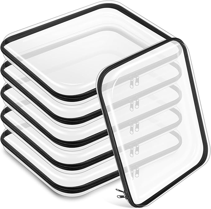 Sanwuta 6 Pcs Clear Hard Zipper Case Hard Plastic Zipper Pouches Makeup Bag Pencil Pouches Transparent Cases for Snacks Plastic Storage Organizer Box for Travel(Black,13.78 x 11.81 x 2 Inch)