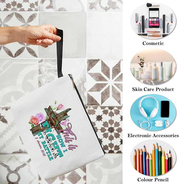 Christian Cosmetic Bag for Women, Floral Cross Makeup Bag Gifts for Friend Mother Coworker Travel Essentials Purse Toiletry Pouch Cosmetic Bag with Zipper(This is How I Fight my battle)