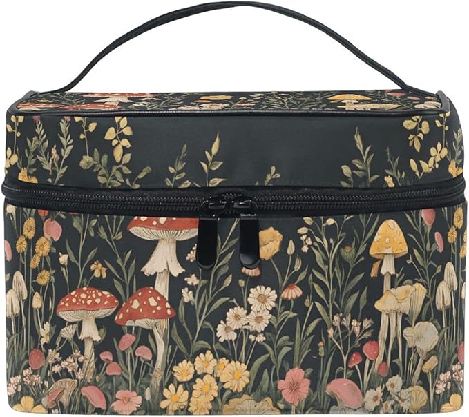 MNSRUU Makeup Bags, Vintage Wildflower Mushrooms Makeup Organizer Bags Toiletry Bag Box Travel Cosmetic Bag Make Up Train Case for Women Teen Girl Ladies
