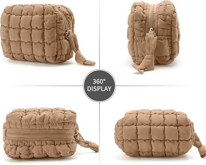 Puffy Quilted Makeup Bag Small Puffer Bag Cosmetic Bags Travel Toiletry Purse for Women, Cute Organizer Pouch, Khaki