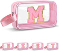 Initial Makeup Bag,Letter M Cute Clear Monogrammed Cosmetic Travel Bag for Womens Girls,Personalized Pink Aesthetic Traveling Make Up Organizer Bag for Beach,Waterproof Toiletry Bag