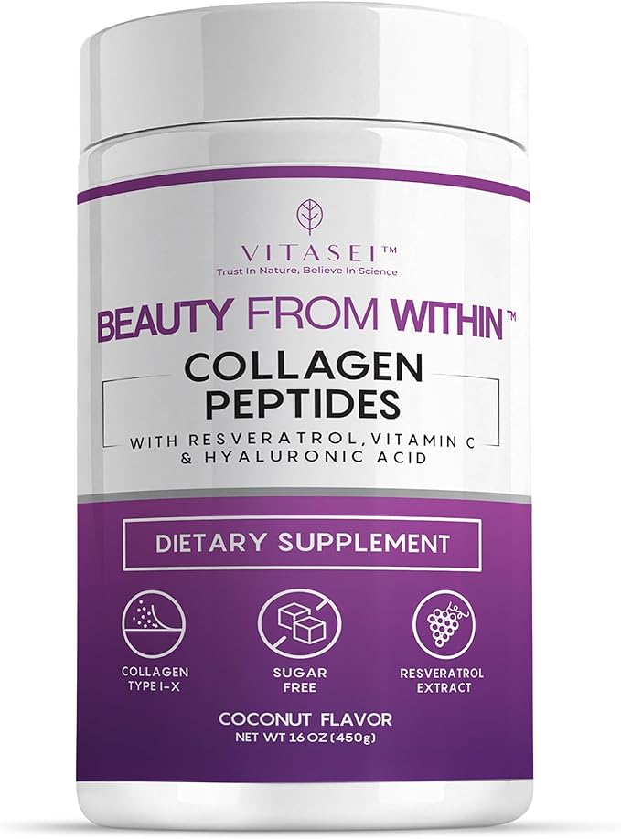 VITASEI Hydrolyzed Collagen Peptides Powder with Vitamin C & Resveratrol - Hair, Skin and Nails Vitamins for Women & Men - Bone and Joint Supplement - Coconut Flavored - 16 oz