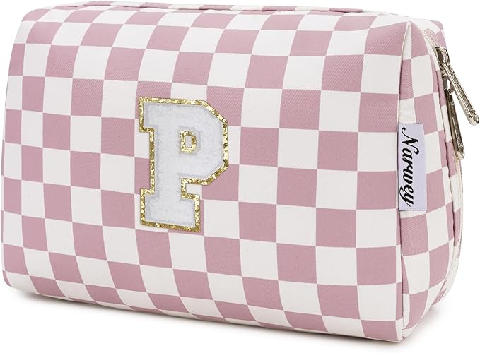 Narwey Birthday Gifts for Teen Girls Kids Women Personalized Initial Checkered Makeup Bag Pink Monogram Cosmetic Bag Trendy Stuff 6 8 10 11 12 13 14 16 18 Years Old Travel Toiletry Bag (Dusty Rose P)