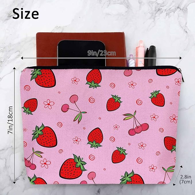 Strawberry Makeup Bags Makeup Organizer, Summer Strawberries Cherries Pink Flax Toiletry Bags Travel Cosmetic Bag Makeup Purse Pouch Skincare Bag Wallet Bags For Women Female Mom Daughter