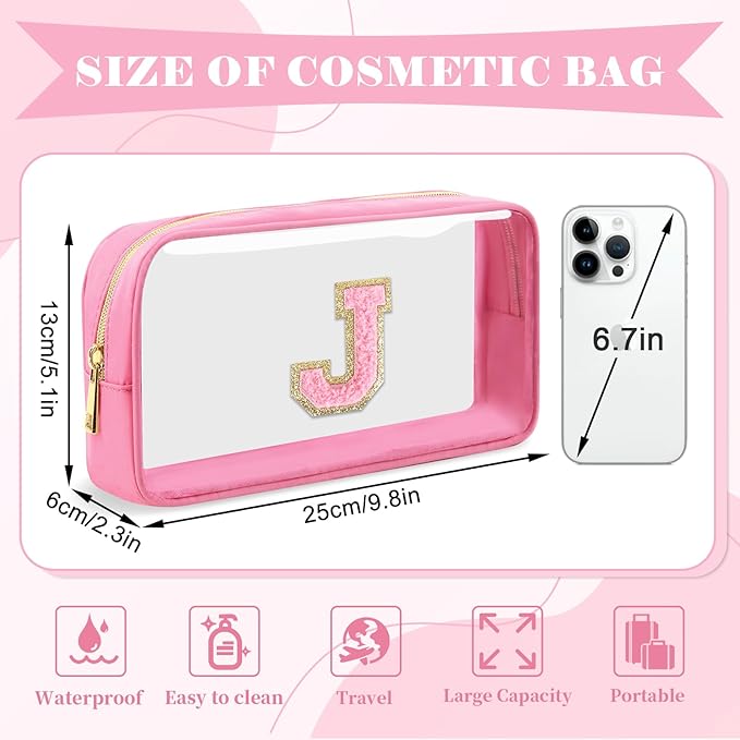 Personalized Initial Letter Clear Makeup Bag,Preppy Small Nylon&PVC Cosmetic Zipper Bag with Chenille Letter,Portable Beach Travel Skincare Toiletry Bag,Trendy Monogram Gift for Teen Girls Women,J