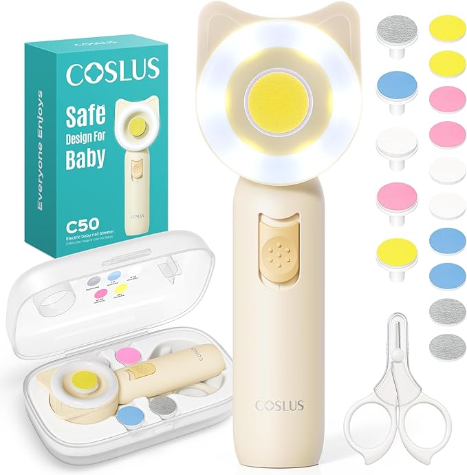 COSLUS Baby Nail Trimmer Electric: Gentle Baby Nail File with Quiet Design & 360° Light - Safe for Sleep Trim Grind, 16 in 1 Cute Nail Clipper Kit for Newborn Infant Toddler, C50, Beige