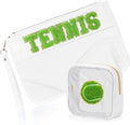 2 Pcs Tennis Gifts Cosmetic Makeup Bag with Chenille Letter Patch, Clear Pouch PVC Organizer Purse, Waterproof Travel Bag, Portable Toiletry Storage Bag for Her Girls Friends Women