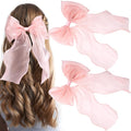 2Pcs Large Hair Bow Clips, Pink Silk Lace Ribbon Bow for Women, Elegant Long Tail Bowknot French Hair Styling Barrette for Wedding, Parties, Daily Use