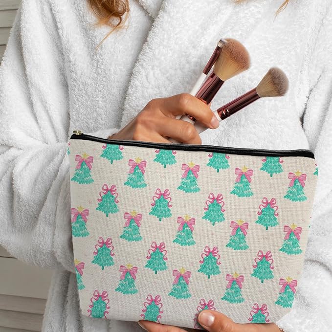 Coquette Pink Bow Christmas Tree Makeup Bag, Preppy Mint Green Christmas Tree Cosmetic Bags Gifts for Women, Girly Xmas Portable Travel Toiletry Bag Zipper Makeup Pouch