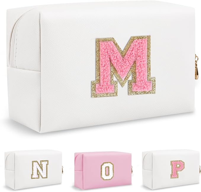 Small Travel Initial Preppy Makeup Bag, Personalized White Cute Cosmetic Organizer Chenille Letter Travel Toiltery Zipper Pouch, Waterproof PU Leather Make Up Case Gifts for Mom Women Female(Letter M)