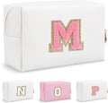Small Travel Initial Preppy Makeup Bag, Personalized White Cute Cosmetic Organizer Chenille Letter Travel Toiltery Zipper Pouch, Waterproof PU Leather Make Up Case Gifts for Mom Women Female(Letter M)