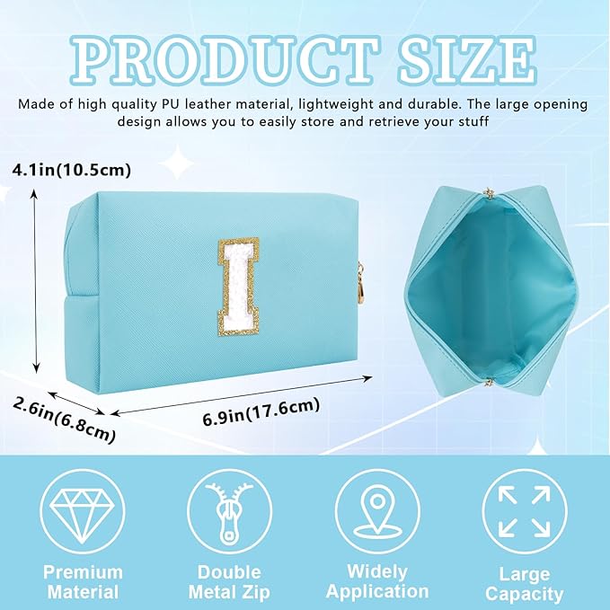 Personalized Initial Letter Patch Makeup Bag, Preppy Portable Chenille Letter Cosmetic Bag with Zipper, PU Leather Waterproof Travel Toiletry Bag Monogram Make Up Pouch for Women Girls(Letter I)