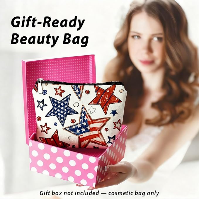 Retro American Flag Star 4th of July Makeup Bag, America Patriotic Cosmetic Bags for Women, Red White and American Flag Star Toiletry Bag for Women, cosmetic bag, makeup case