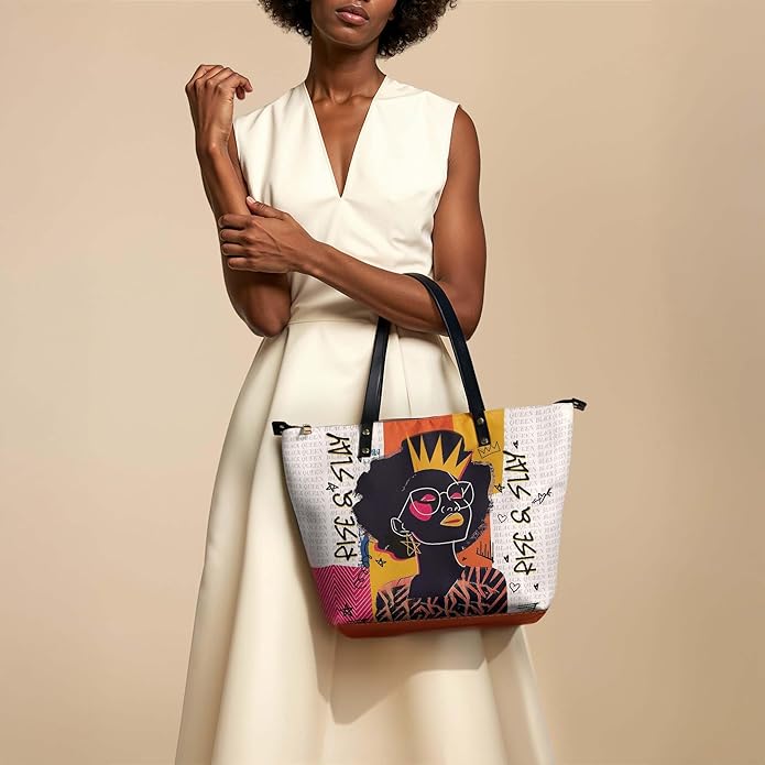 African Black Women's Leather Tote Bag, Large, Premium Vegan Leather, Full Zip, Perfect Christmas Gifts For Women