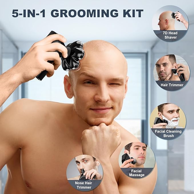 Hexus Head Shavers for Bald Men, Detachable Head Shaver Dry/Wet Bald Head Shaving for Men, IPX7 Waterproof Electric Razor Grooming Kit with LED Display and Type-C Charge, Black