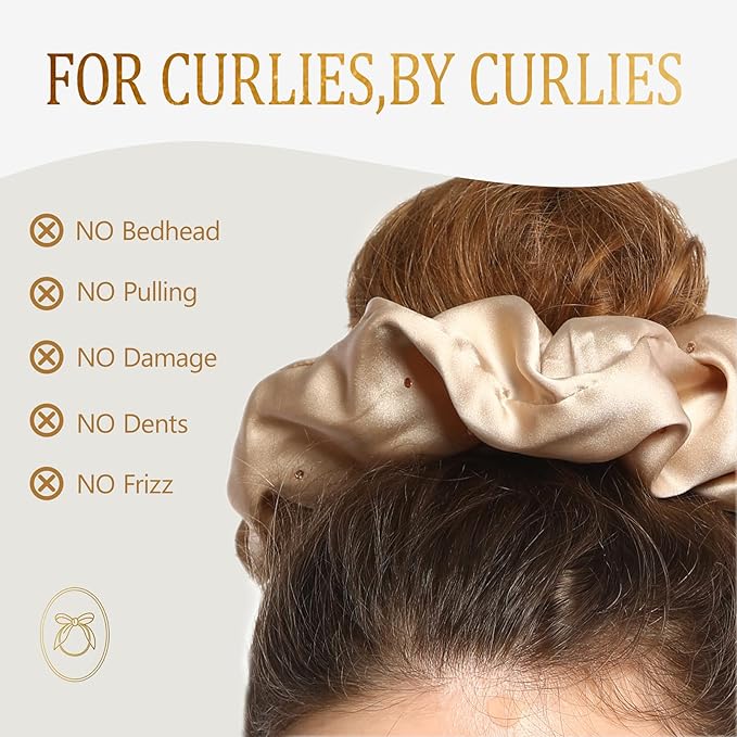 100% Mulberry Silk Scrunchies for Women Ponytail Holders – Plus Rhinestone-Embellished Design for Curly, No Damage Hair Ties for Curly, Thick, and Thin - Hair Accessories for Women (Champagne)
