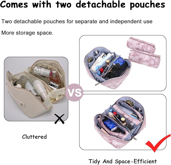 BOYATU Travel Makeup Bag for Women: Large Capacity Make up Bag with Compartments - Vegan Leather Cosmetic Bag set of 3 - Waterproof Toiletry Bag with Handle & Divider(E-1-Purple)