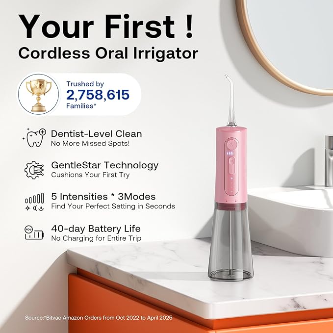 Bitvae Water Dental Flosser Teeth Picks, Cordless Portable Oral Irrigator, Powerful and Rechargeable Oral Irrigator, Brace Care, IPX7 Waterproof Water Dental Picks for Cleaning, Quartz Pink