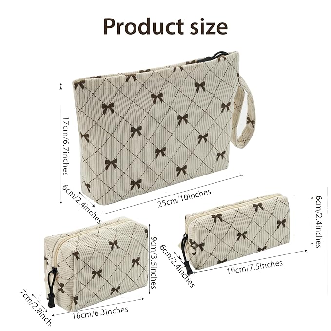 Makeup bag set small Cosmetic bag for women purse Corduroy Organizer with interior Pockets,cute Pencil zipper Pouch travel Toiletry Bag with handle(Beige Bowknot)