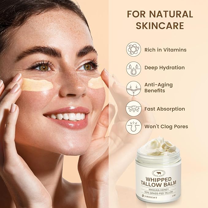 Beef Tallow Honey Balm for Skin: 100% Grass-Fed Beef Tallow Moisturizer For Face and Body - Organic Moisturizer Cream with Olive Oil Manuka Honey for Eczema and Dry Skin 2OZ