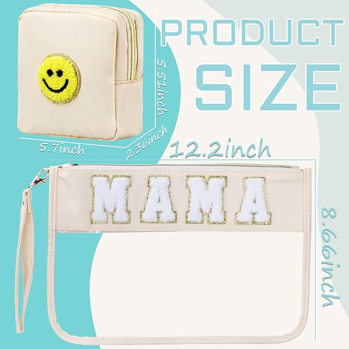 2 Pcs Preppy Patch Clear Mama Bag, Women Chenille Letter Makeup Cosmetic Bag for Travel, PVC Waterproof Organization Outdoor Zipper Pouch Toiletry Bag for Women Girl