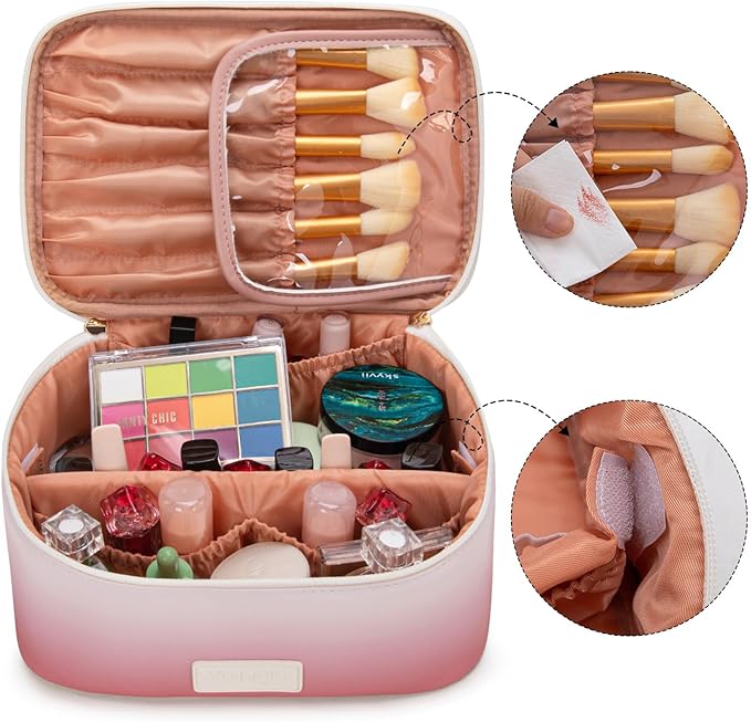 Montana West X Wrangler Travel Makeup Bag 2pcs Set Large Cosmetic Bag with Makeup Brush Holder Portable Make Up Organizer Cute Toiletry Bag with Divider and Handle for Women Gradient