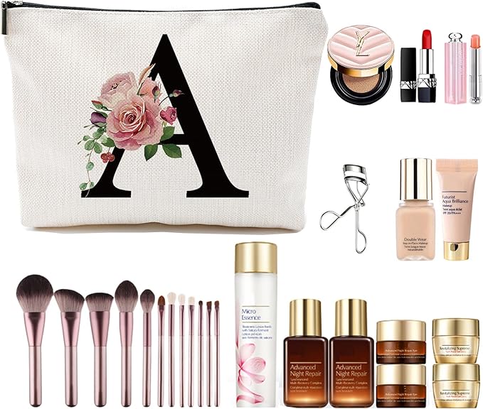 Initial A-Z Personalized Letter Makeup Bag, Monogrammed Bridesmaid Gifts/Presents Cosmetic Bag, Portable Stationery Storage Organizer Pouch, Friendship Love Travel Makeup Bags