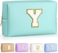 TOPEAST Preppy Makeup Bag, Small Cosmetic Travel Bags for Women, PU Leather Waterproof Toiletry Bag with Zipper, Personalized Birthday Gift for Women Girl, Preppy Gifts for Girl (Blue Y)