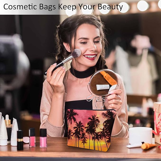 Tropical Beach Makeup Bags Makeup Organizer, Hawaii Ocean Beach Palm Trees Sunset Flax Toiletry Bags Travel Cosmetic Bag Makeup Purse Pouch Skincare Bag Wallet Bags For Women Female Mom