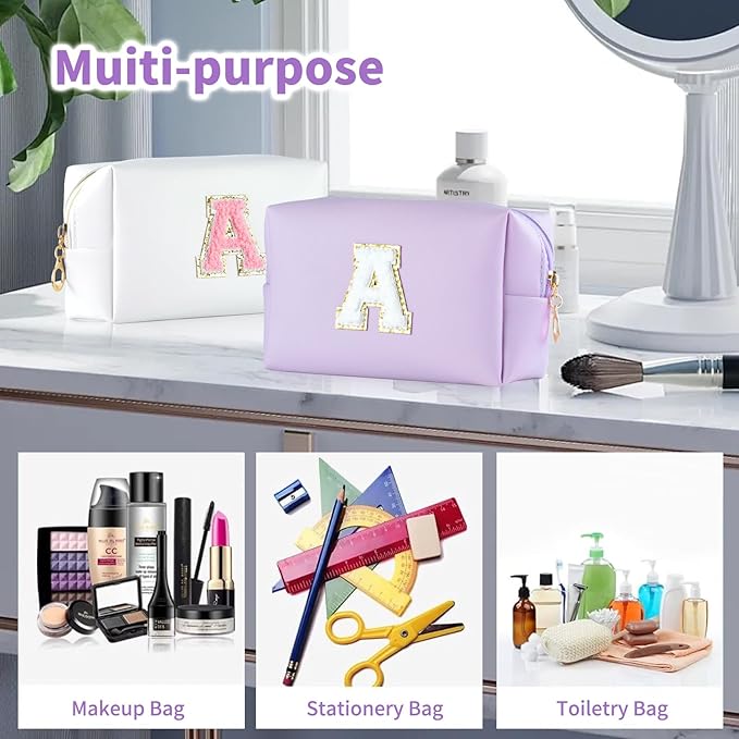 MSQ Personalized Makeup Bag Initial A-Z Patch Bag, PU Leather Cosmetic Bag Pouch Travel Toiletry Bag with Zipper, Gift Ideal for Teen Girls Friend Mom Women Birthday(Purple A)