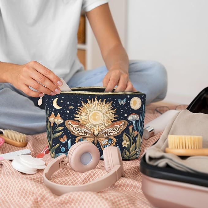 Womens Leather Makeup Bag Cosmetic Bag Travel Toiletry Bags Make Up Bags for Women Adult (Boho Sun-Moon)