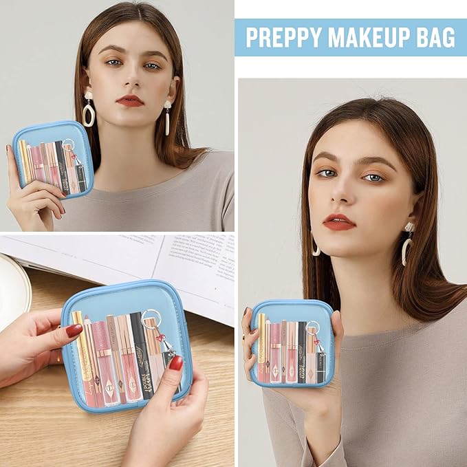 Mini Clear Travel Makeup Bag for Purse, Small Cute Preppy Cosmetic Zipper Pouch, Transparent PVC Nylon Waterproof Toiletry Storage Clutch Coin Pouch for Women Girls
